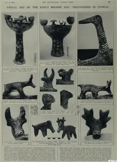 Printed magazine page with photographs of animal-shaped vessels, animal heads and figurines