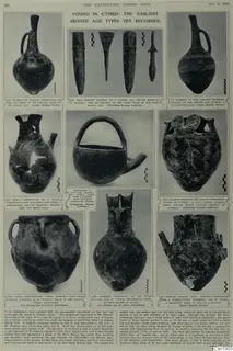 Printed magazine page with several photographs of pottery vessels, captions beneath each, and body text in columns