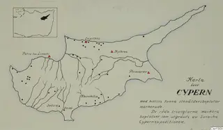 Hand-drawn map of Cyprus with black dots for sites and red triangles for excavated sites