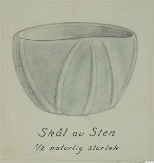Drawing of a deep stone bowl with vertical grooves on its sides, with a handwritten caption below
