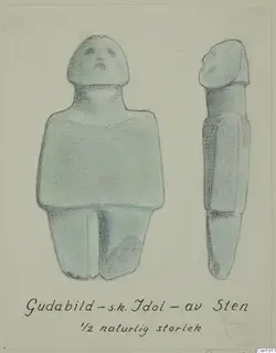 Drawing of a small standing stone figure, front and side views, with a handwritten caption below
