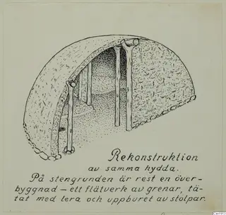 Ink drawing in cutaway view of a dome-shaped hut with upright posts and a stone base