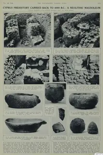 Printed magazine page of photographs of stone bowls, stone objects, pottery sherds and excavated stone walls, with captions.