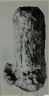 Find from Petra tou Limniti: a tall, rough-surfaced object broken at the base, photographed on a grey card.