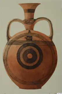 Drawing of a round two-handled painted vessel with a banded neck and concentric rings on its body