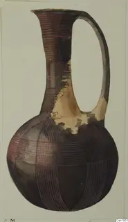Painted drawing of a jug with a single loop handle, decorated with red and dark crossed bands