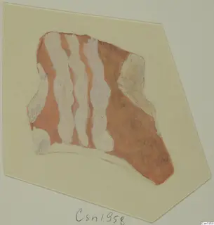 Painted drawing of a pottery sherd with white wavy bands on a red-brown ground
