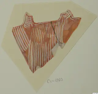 Fragment of a painted pottery sherd with white stripes on a red-orange ground, mounted on cream card.