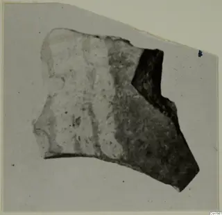 Pottery sherd with pale and dark areas, shown on a grey card mount