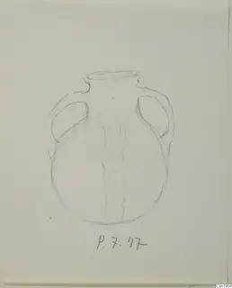 Pencil drawing of a two-handled jar with a rounded body, a short flared neck and a handwritten number label below.