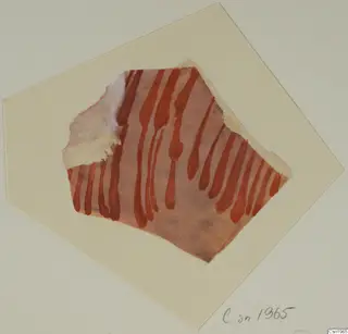 Painted drawing of a pottery sherd with red vertical bands on an orange-buff ground