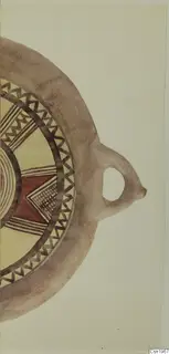 Painted drawing of a pottery bowl with a loop handle, Black Slip Bichrome, with a zigzag border and red central motif