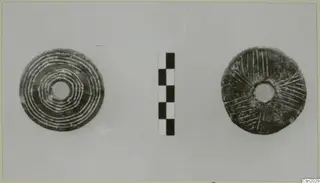 Two flat disc-shaped objects with central holes, one with concentric lines and one with radiating lines, beside a scale bar