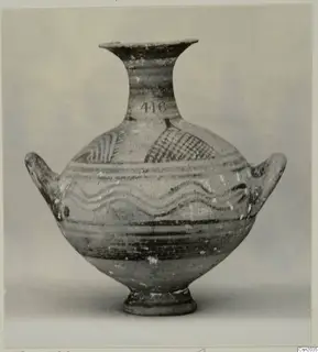 White Painted I amphora with two handles and a flared neck, shown against a grey backdrop