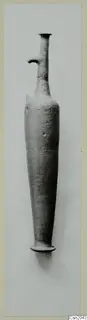 Red Lustrous Ware vessel with a tall narrow neck and a small side projection, standing upright