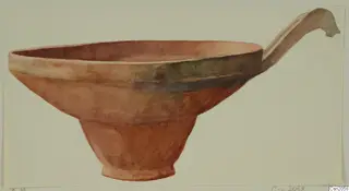 Drawing of a Base-Ring Ware bowl with a tall, curved handle, side view