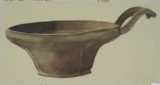 Watercolour drawing of a Base-Ring Ware bowl with a single curled handle, shown in side view