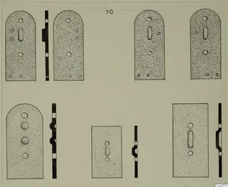 Drawing of seven flat metal plates, shown in plan with side profiles, with small holes and stippled shading