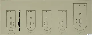 Drawing of five flat iron plates, labelled as types beneath, with rounded lower ends and small holes and slots.