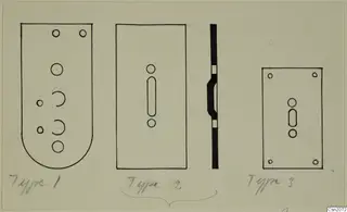 Drawing of three flat plate shapes with holes and slots, marked with handwritten type labels