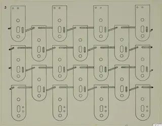 Drawing of iron weapons: sixteen flat plates with slots and holes, arranged in staggered rows and linked by shaded rods.