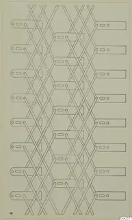 Line drawing of iron weapon parts: rows of slotted strips laced together by crossing diagonal lines