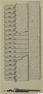 Drawing of corroded iron weapon fragments: rows of rounded plates with holes and hooked clips, with a scale bar below.