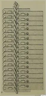 Reconstruction drawing of a brynja (mail shirt) from Amathus, showing rows of overlapping plates and a central braided cord.