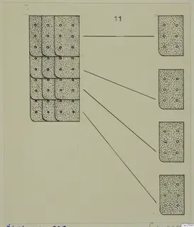 Drawing of iron plates from Idalion: a block of twelve pierced plates, with four plates on the right linked to it by lines