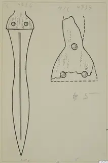 Drawing of two iron weapons: a long dagger on the left and a broken fragment with rivets on the right