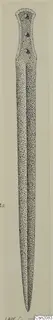 Stippled drawing of an iron sword with a long tapering blade and a hilt with three rivets