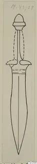 Field drawing of an iron weapon with a rounded pommel, crossguard and tapering blade