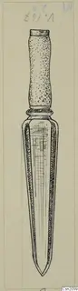 Field drawing of an iron butt-spike from Vouni, a long tapering blade with a collar and cylindrical handle