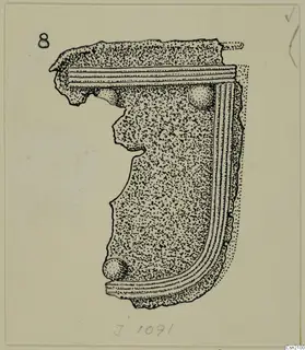 Ink drawing of a stippled stone fragment with raised moulded bands along two edges and round knobs.