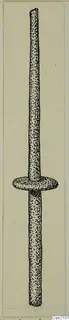Drawing of an iron object: a long slender rod with a disc-shaped collar, from the Lapithos Kastros tombs