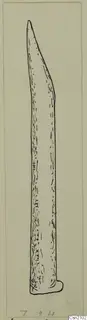 Drawing of an iron blade with a pointed, curved tip and a short tang at the base