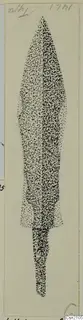 Stippled drawing of an iron weapon, a leaf-shaped blade with a narrow tang.