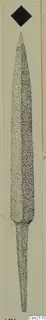 Stippled drawing of a long iron weapon blade with a narrow tang, pointing upward on a cream sheet.