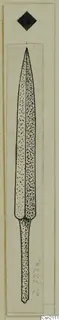 Drawing of an iron weapon blade with a long, narrow tang, point at the top