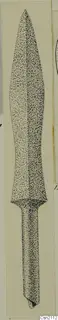 Drawing of an iron weapon with a long leaf-shaped blade and a narrow tang, shown upright