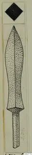 Drawing of an iron weapon with a leaf-shaped blade and a narrow tang, on a card mount