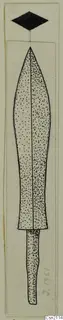 Drawing of an iron weapon: a leaf-shaped blade with a central ridge and a narrow tang at the base