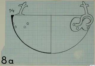 Drawing of a bowl with two handles above the rim, on squared graph paper