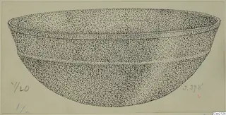 Drawing of a single bowl with a rounded body and slightly everted rim, shown in stippled ink