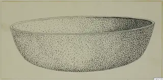 Ink drawing of a deep, rounded bowl seen from the side, with stippled shading