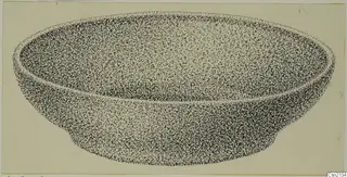 Stippled drawing of a wide, shallow bowl with a low foot ring, seen slightly from above