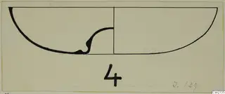 Section drawing in ink of a bowl profile with a curled projection at the base, with a number label below