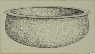 Stippled drawing of a wide bowl with a thick everted rim and a rounded body