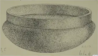 Stippled drawing of a bowl with a wide mouth, a short upright rim band and a rounded body