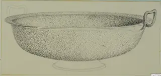 Stippled ink drawing of a shallow bowl with two handles and a low pedestal foot.